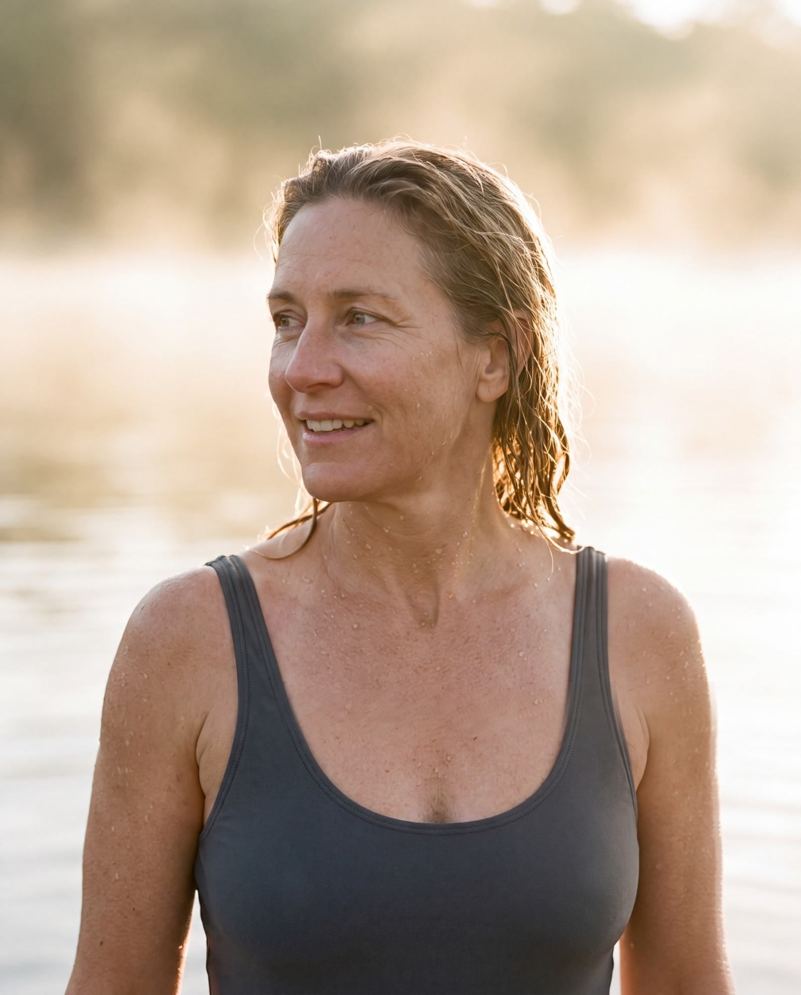 Woman standing in the water outdoors in midlife