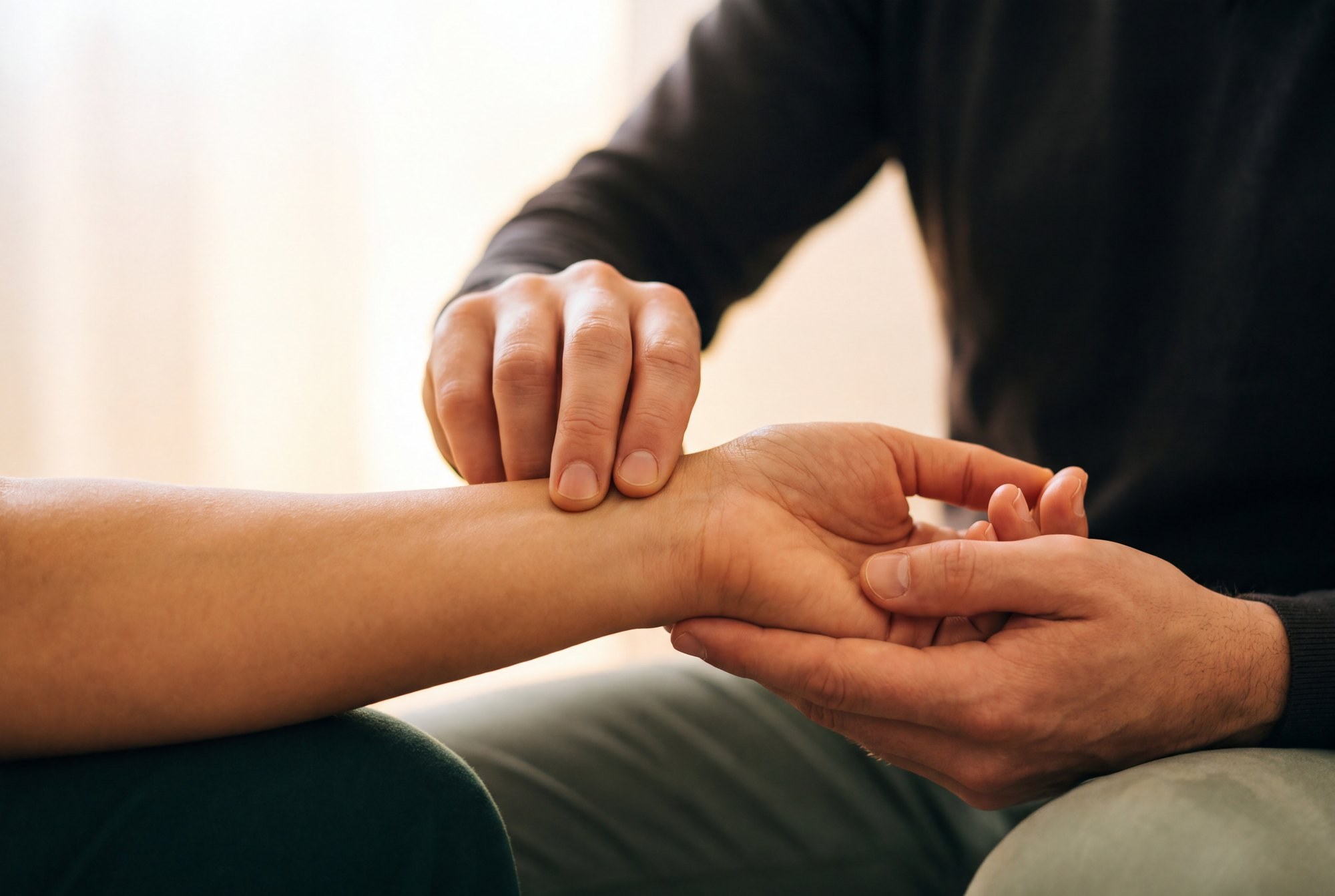 Clinician checking a patient’s pulse at the wrist