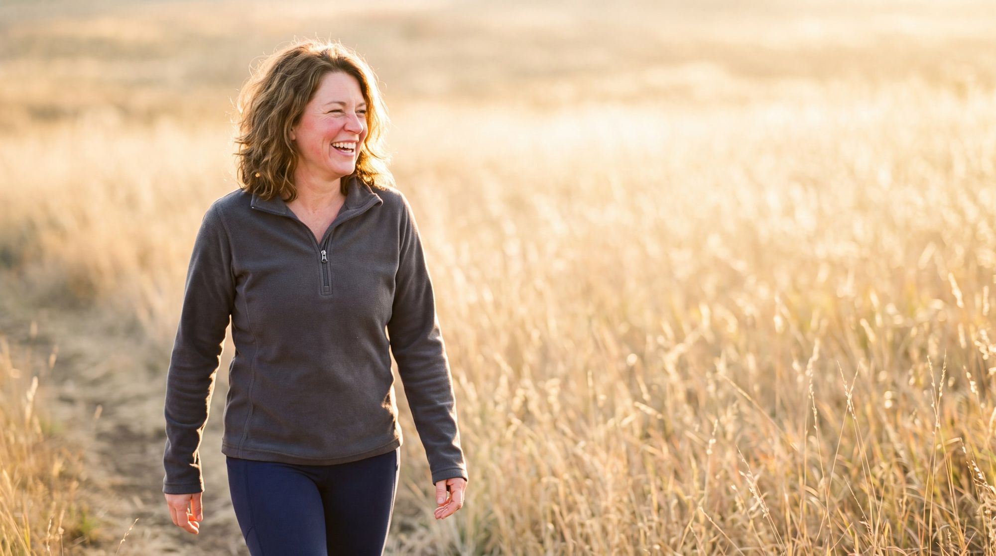 Woman walking outdoors in warm natural light