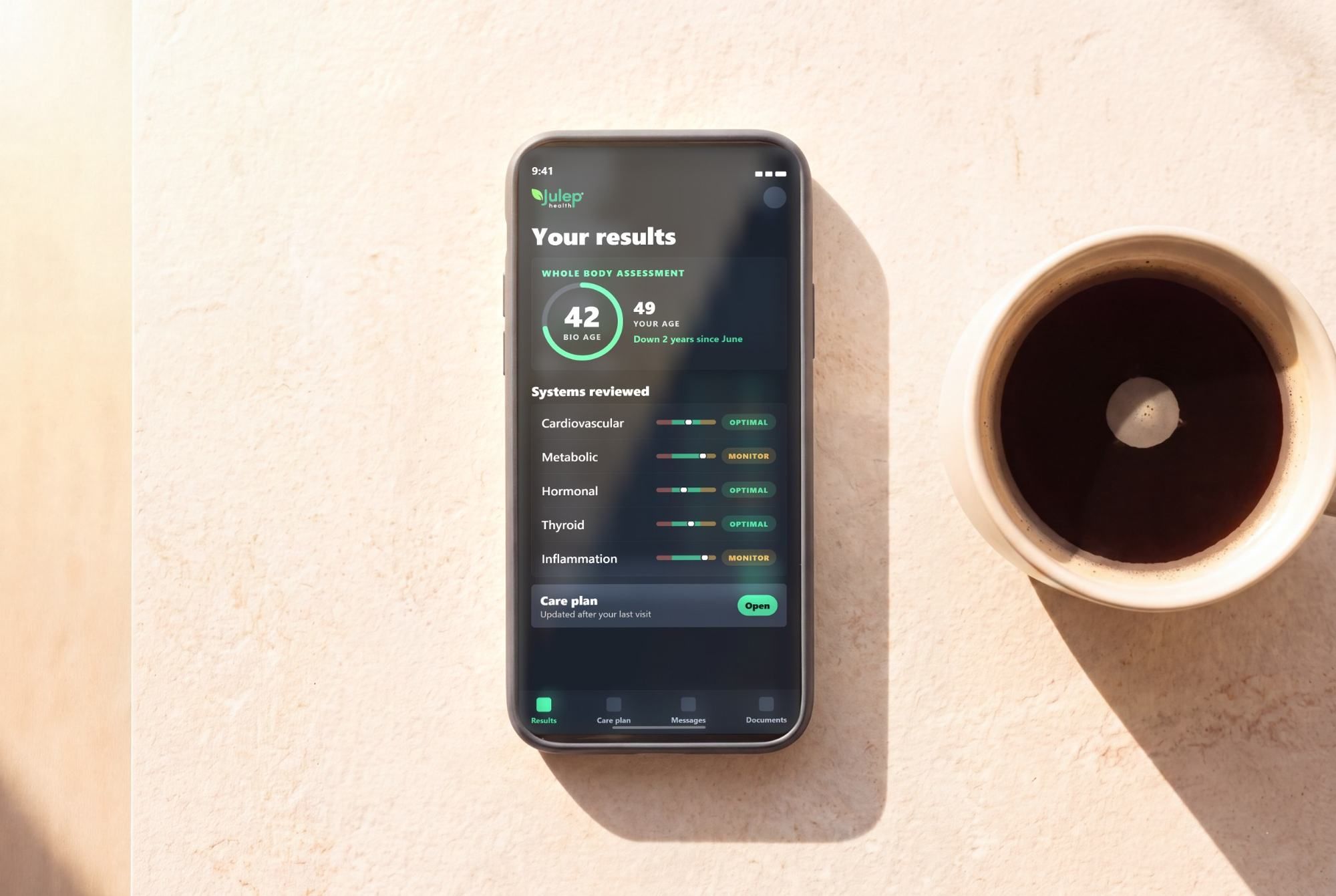 Julep Health results shown on a phone beside a cup of coffee
